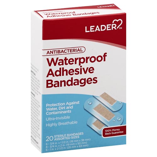 Image for Leader Adhesive Bandages, Antibacterial, Waterproof, Assorted Sizes,20ea from Shane's Pharmacy
